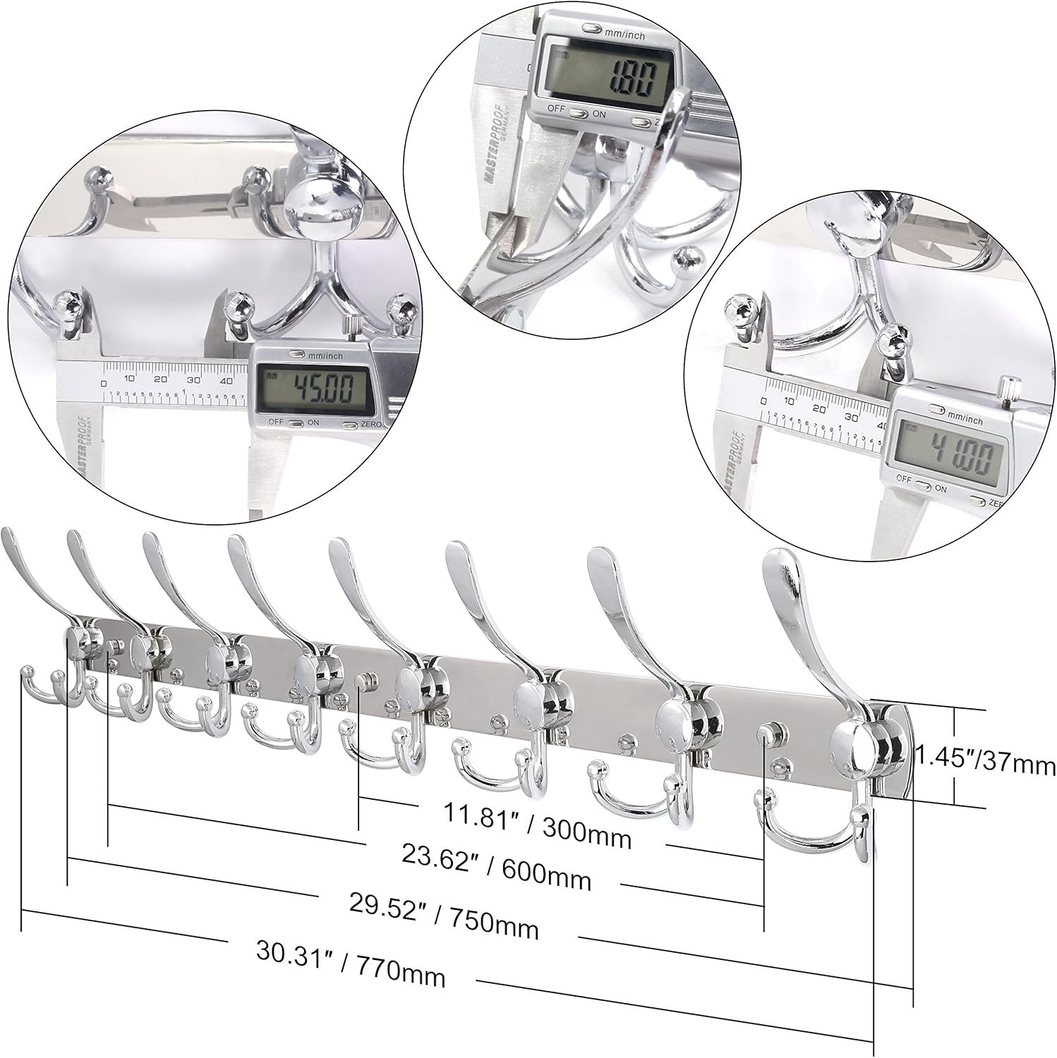 75cm Wall Mounted Coat Rack with 8 Hooks | Chrome Hook Rail Hanger Silver