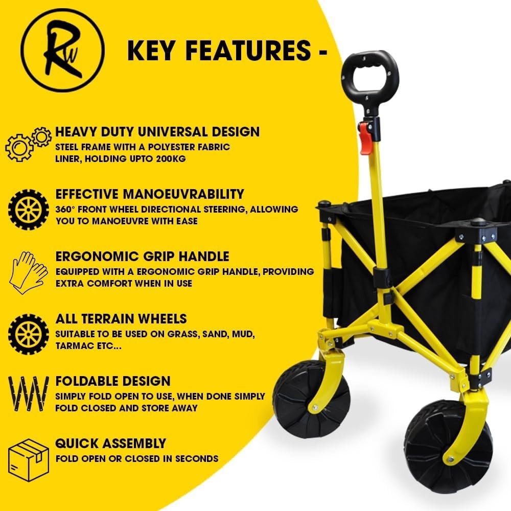 Heavy Duty Foldable Garden Trolley Cart 200kg Wagon All Terrain Wheels Yellow