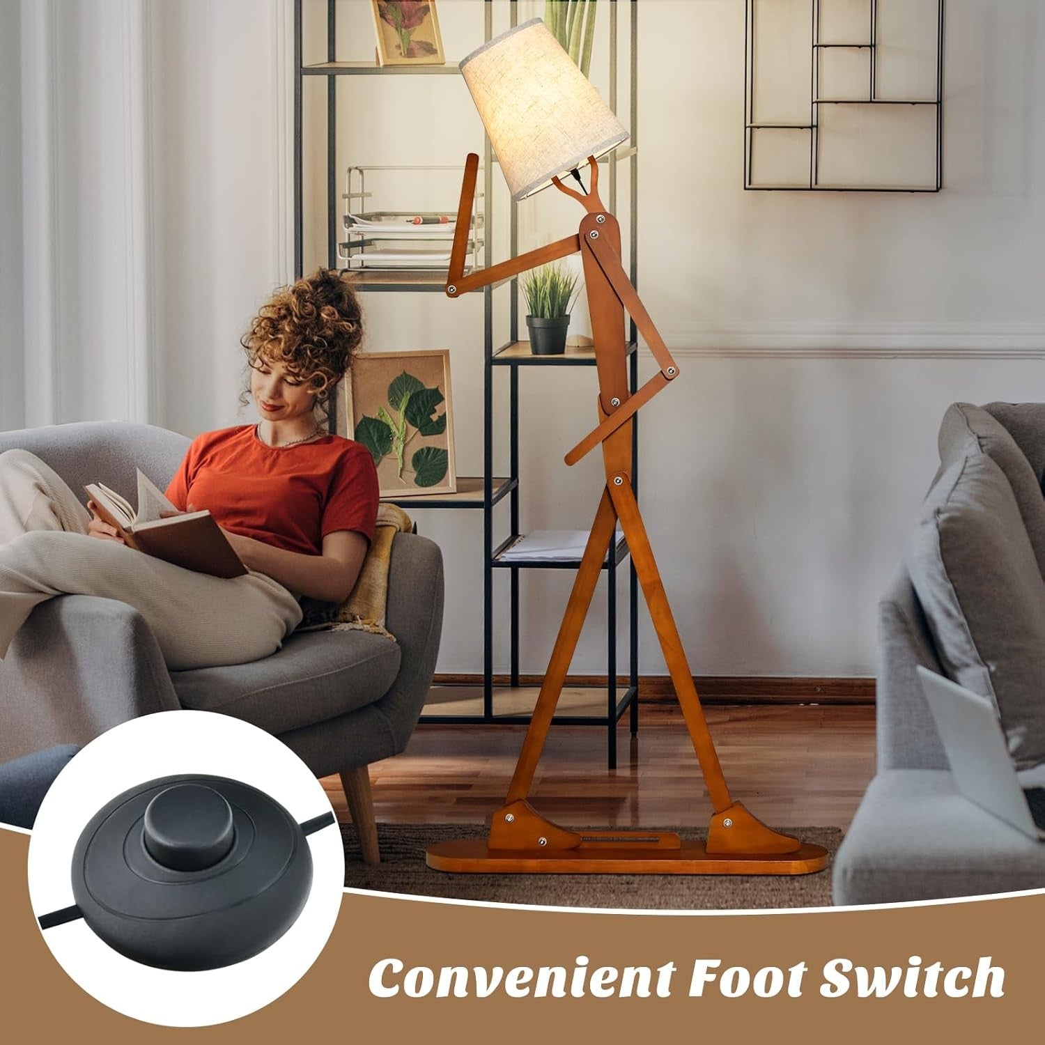Wooden Floor Lamp Adjustable Joints Fabric Shade Creative Standing Light