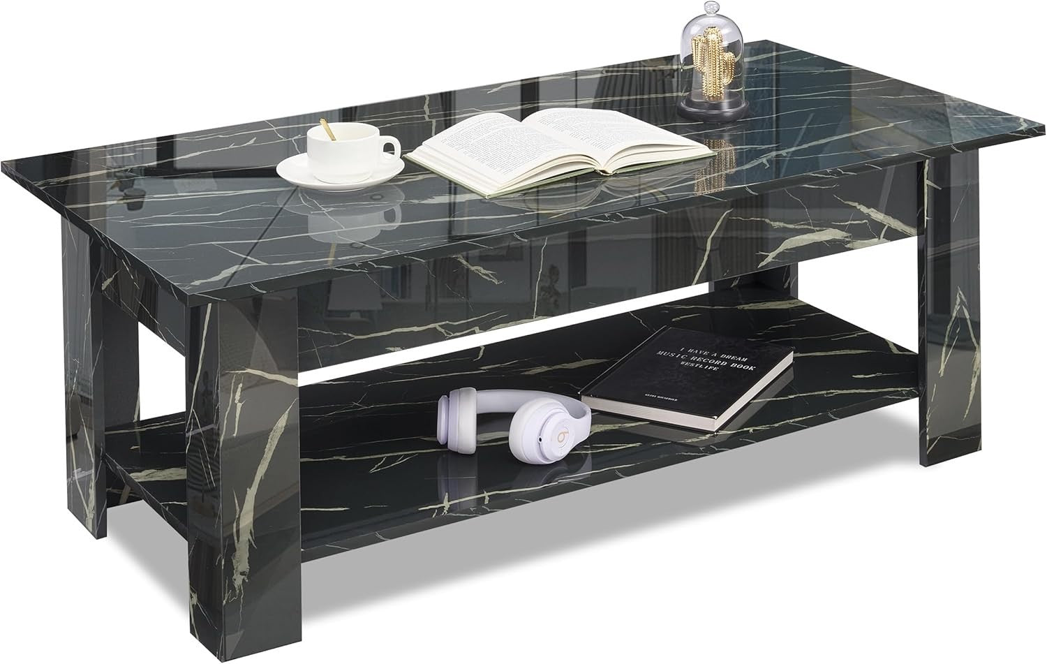 High Gloss Lift Top Coffee Table with Storage Black Marble 120cm Modern