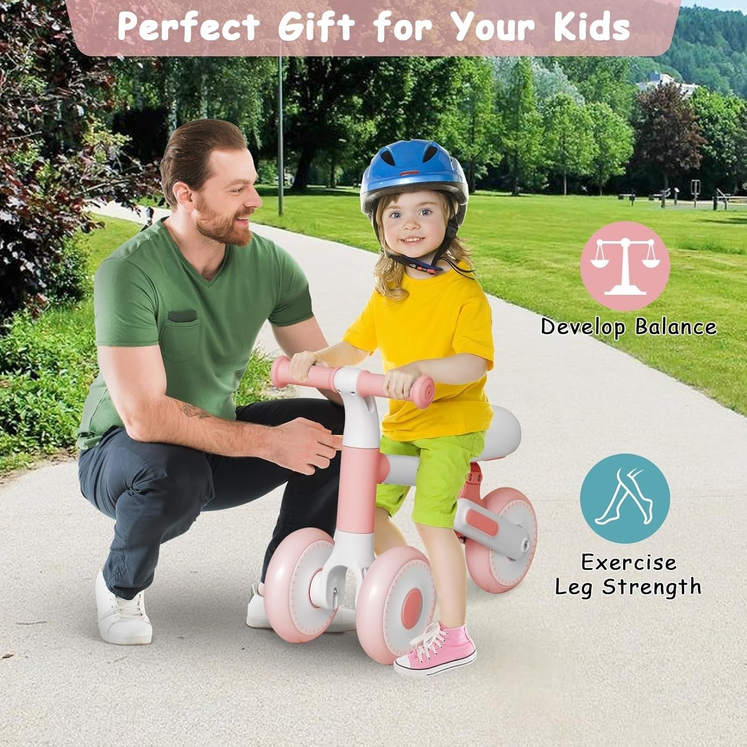 Baby Balance Bike Foldable Toddler Walker Adjustable Seat 1-3 Years Pink