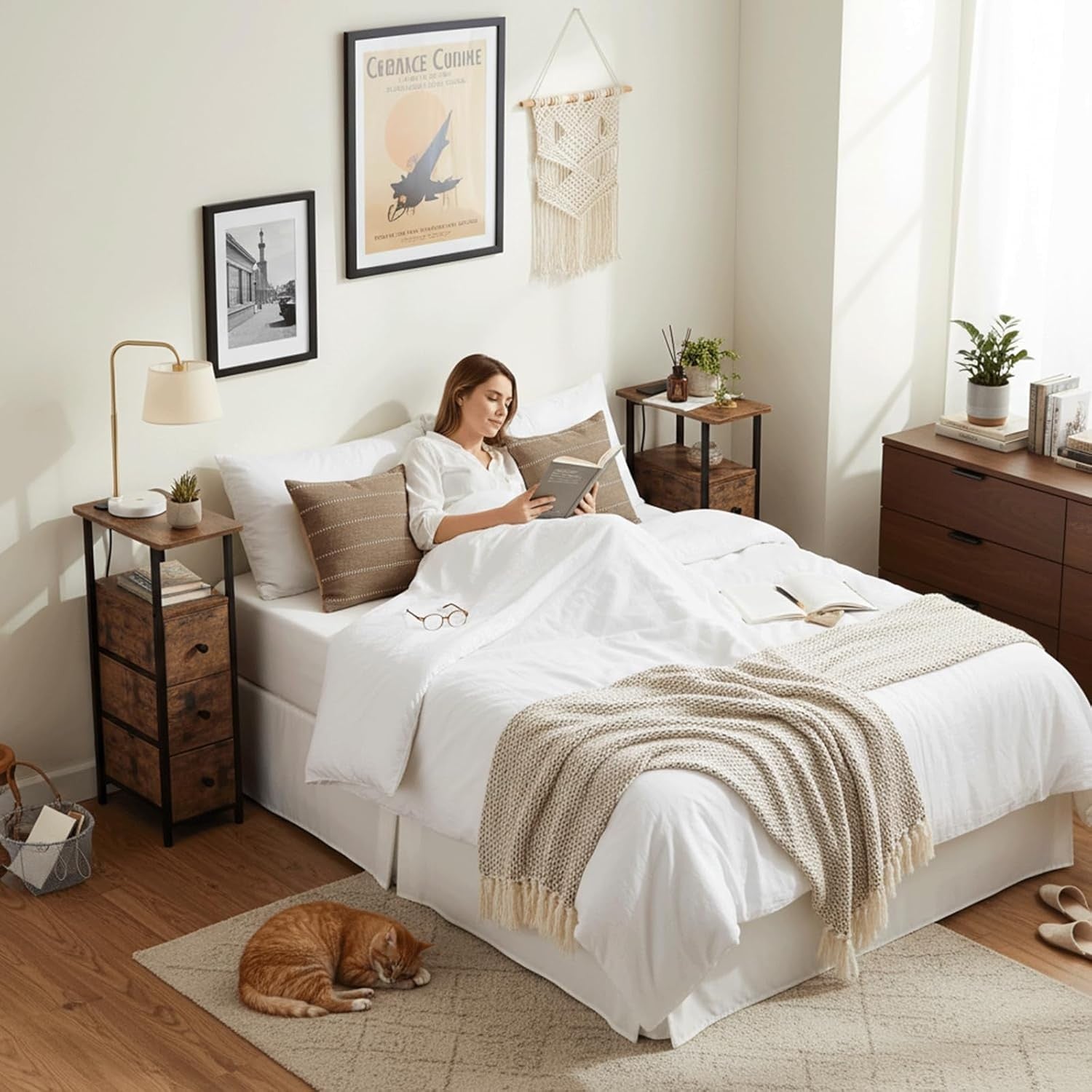 Slim Rustic Bedside Tables Set of 2 with Charging Station & Storage Drawers