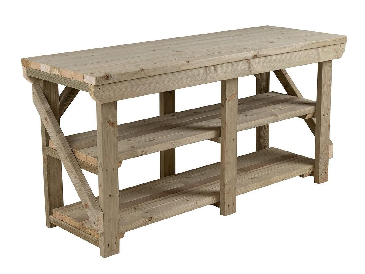8ft Heavy Duty Pressure Treated Wooden Workbench Double Shelf Indoor Outdoor