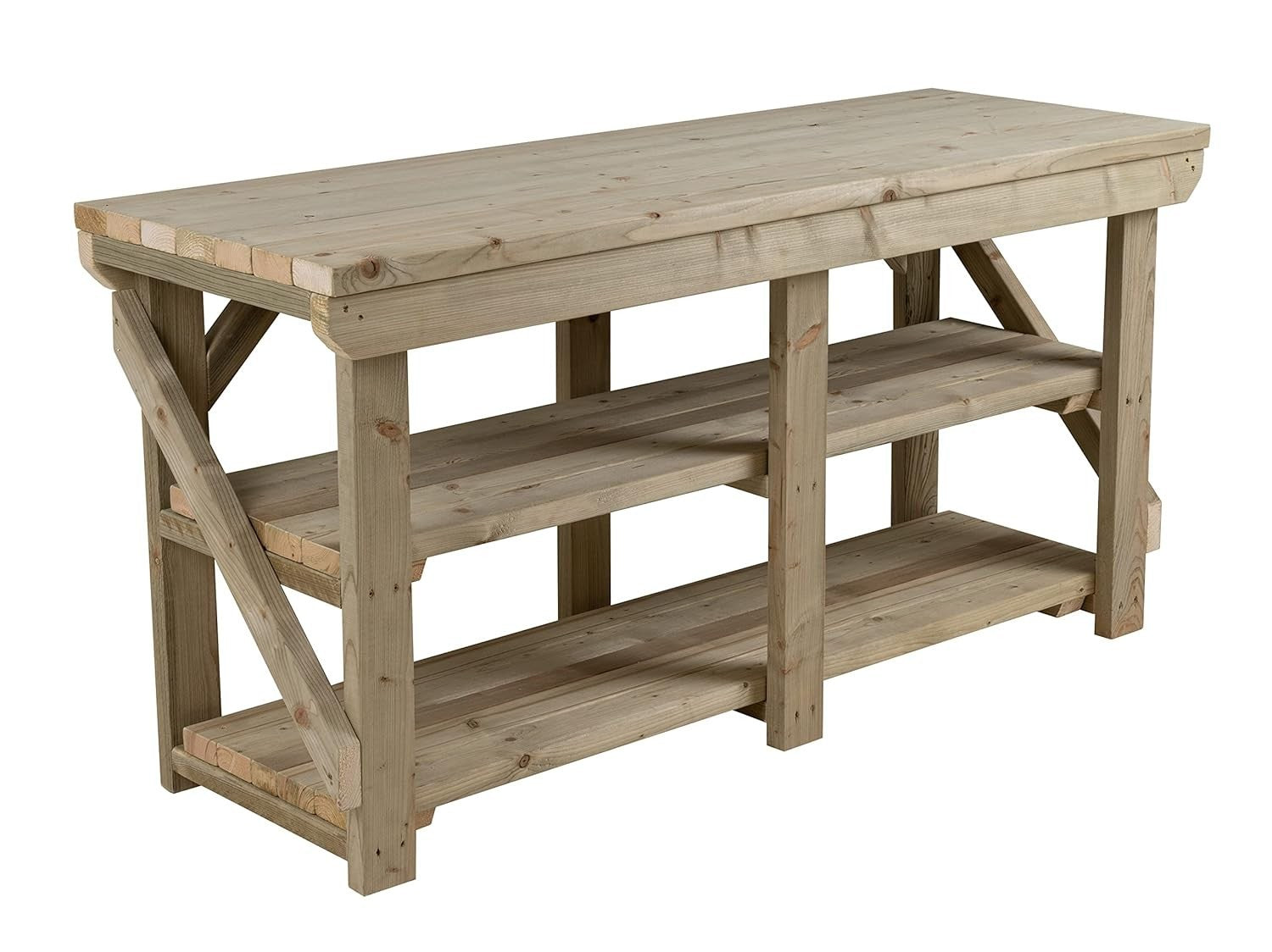 8ft Heavy Duty Pressure Treated Wooden Workbench Double Shelf Indoor Outdoor