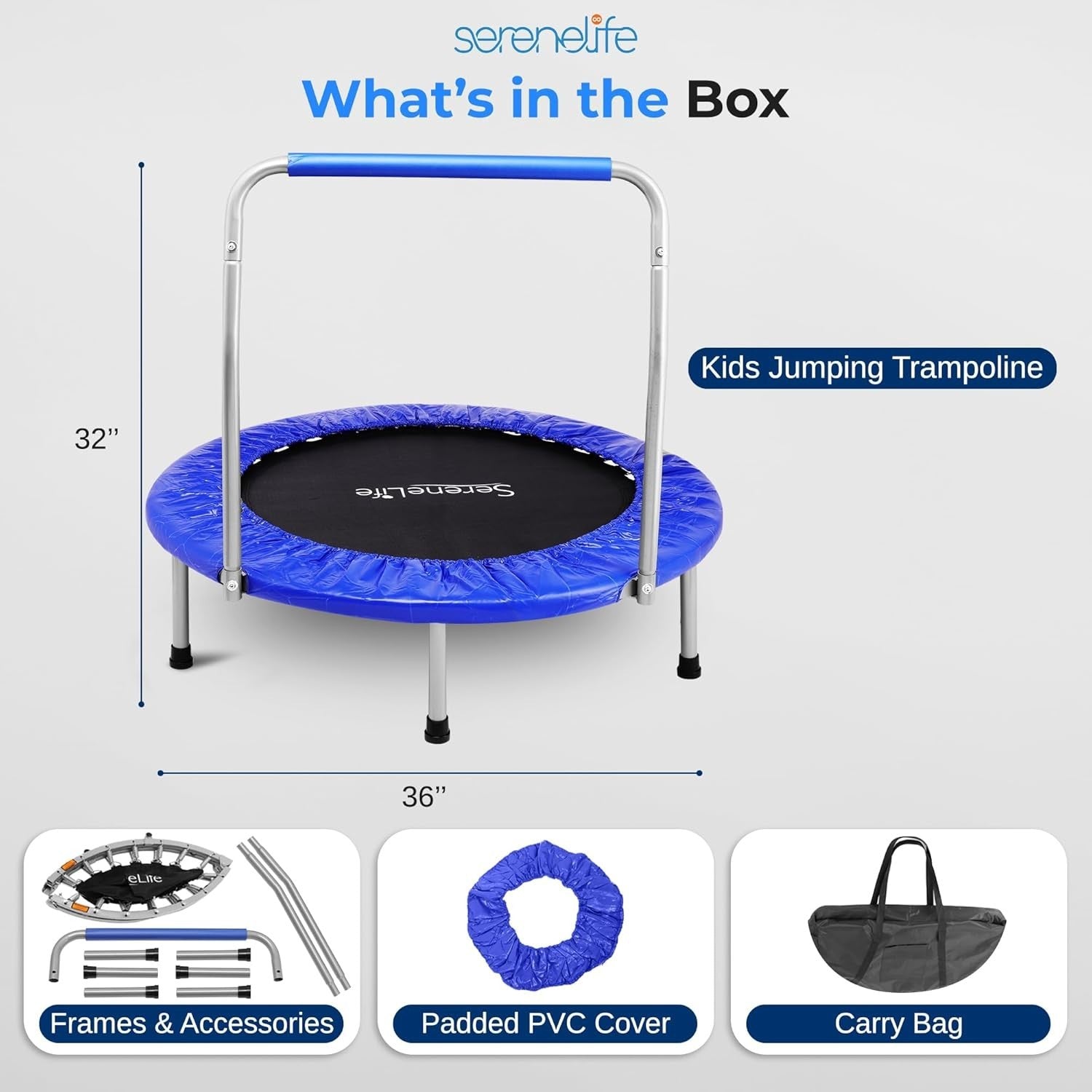36” Foldable Mini Trampoline Indoor Outdoor Rebounder w Foam Handle