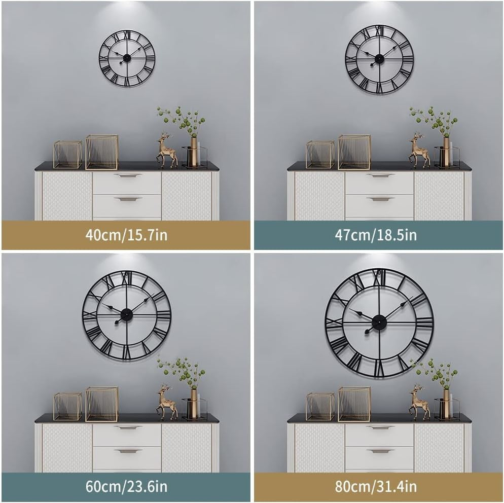 40cm Large Roman Numeral Wall Clock Black Metal Silent Quartz Modern Decor