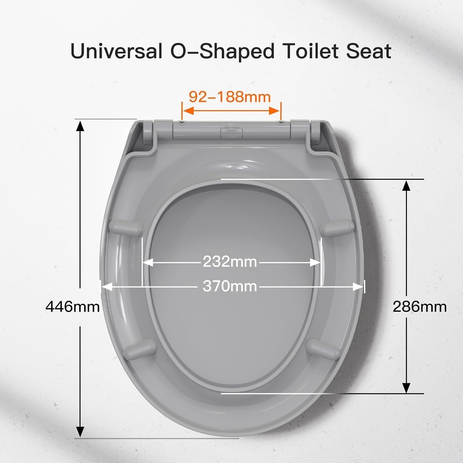 Soft Close Toilet Seat Top Fixing O Shape Grey Adjustable Hinges 44x37cm