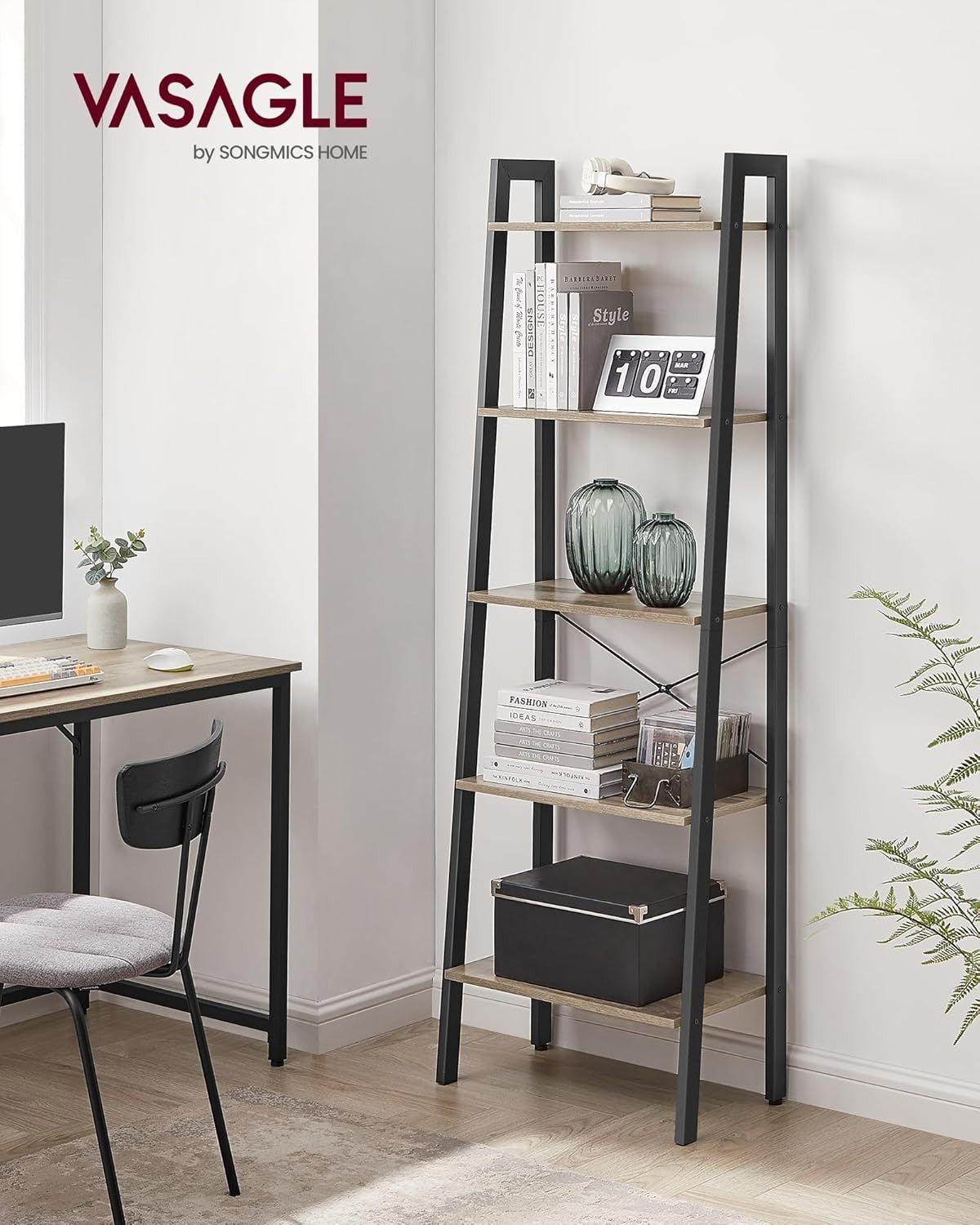 5-Tier Industrial Ladder Shelf Bookcase Storage Rack Space-Saving Unit