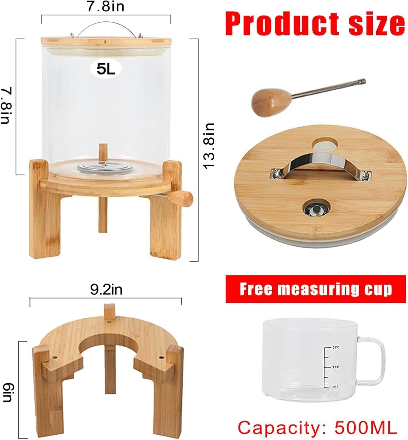 5L Glass Rice Dispenser Airtight Bamboo Stand w Cup