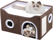 Foldable Cat House Cave Bed 2 Tier Cat Condo w Scratching Board