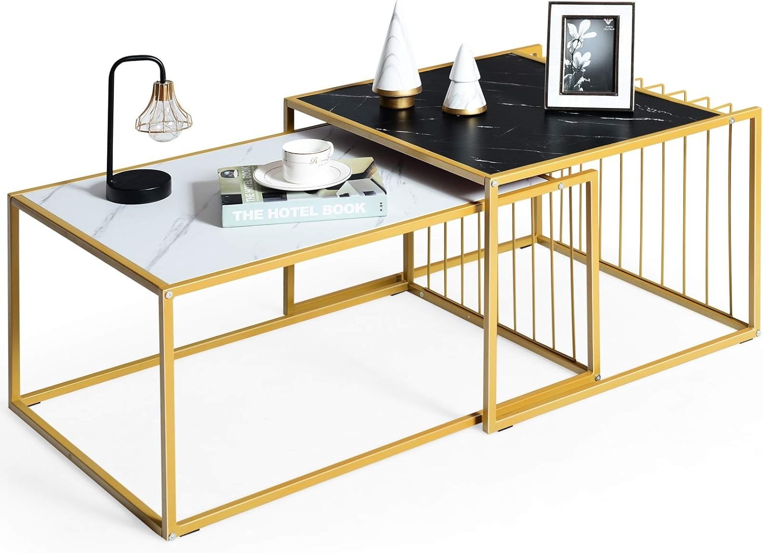 2X Modern Square Nesting Coffee End Tables Faux Marble Top Metal Frame 50KG