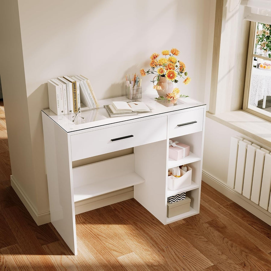 Vanity Dressing Table White Gloss Glass Top Makeup Desk 2 Drawers Storage New