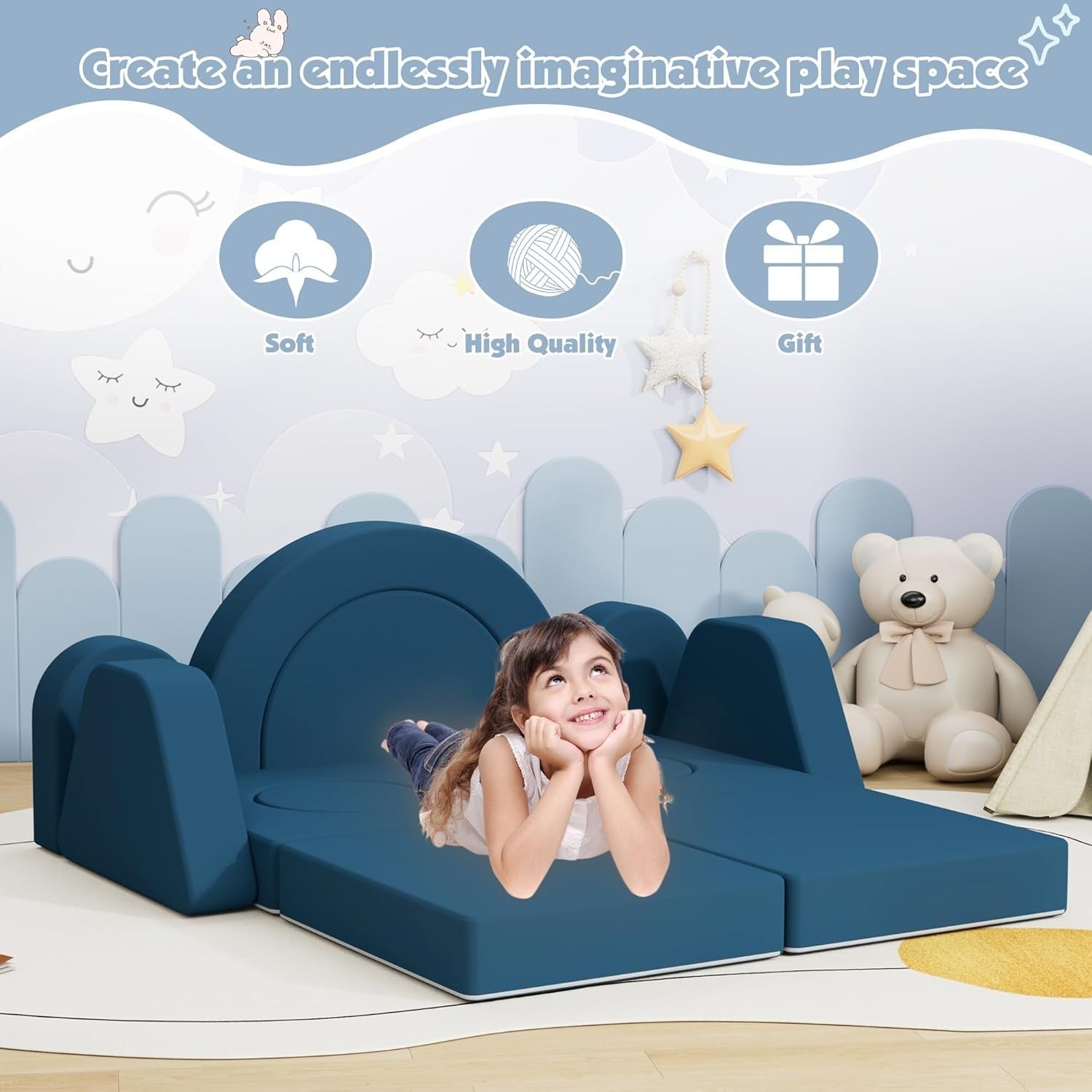 Modular Kids Play Couch Sofa Bed Foam Fort for Creative Play Blue