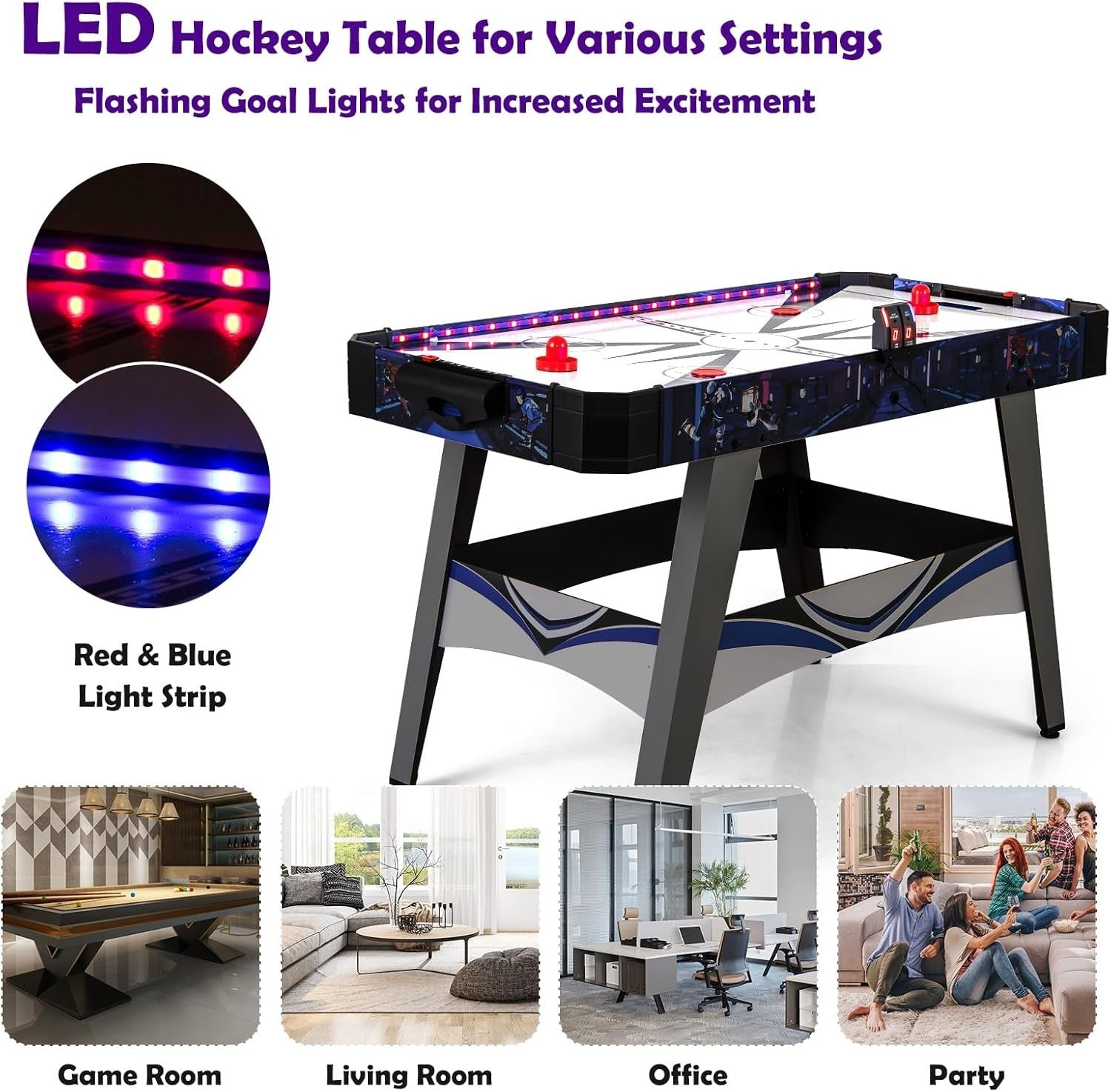 54 Inch Air Hockey Table LED Light Up 12V Motor Arcade Game Indoor