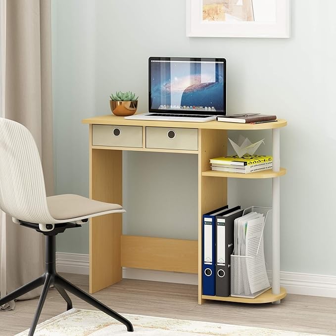 Compact Home Laptop Desk Study Writing Table Storage Shelves Beech White