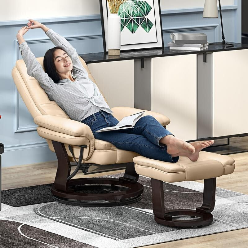 Recliner Chair & Footrest PU Leather Swivel Lounge Armchair w/ Wood Base