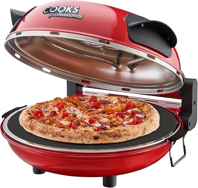 1200W Electric Pizza Oven 31cm Stone Base Glass Timer Portable Red