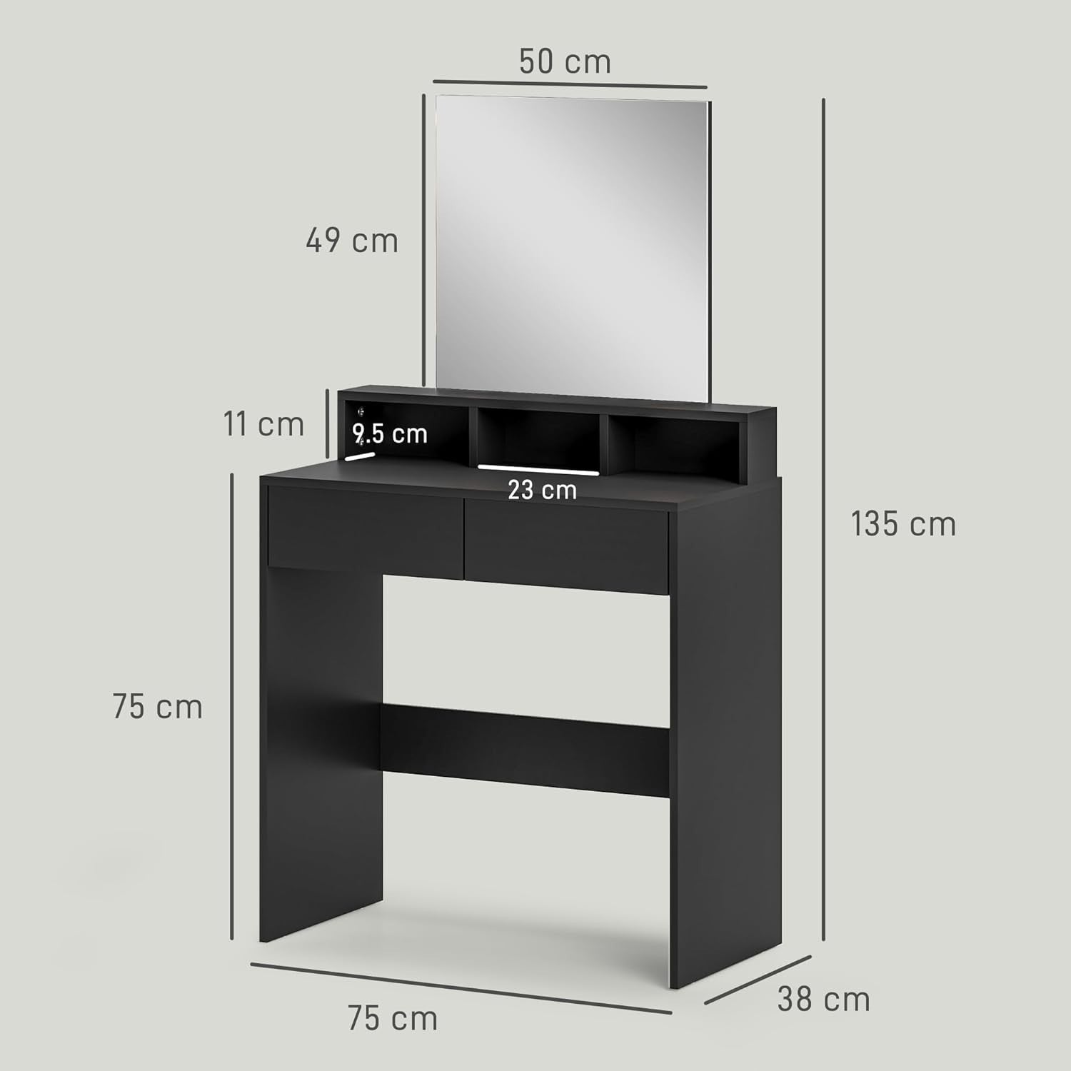 Compact Dressing Table Vanity Desk with Mirror 2 Drawers Shelves Black Wood