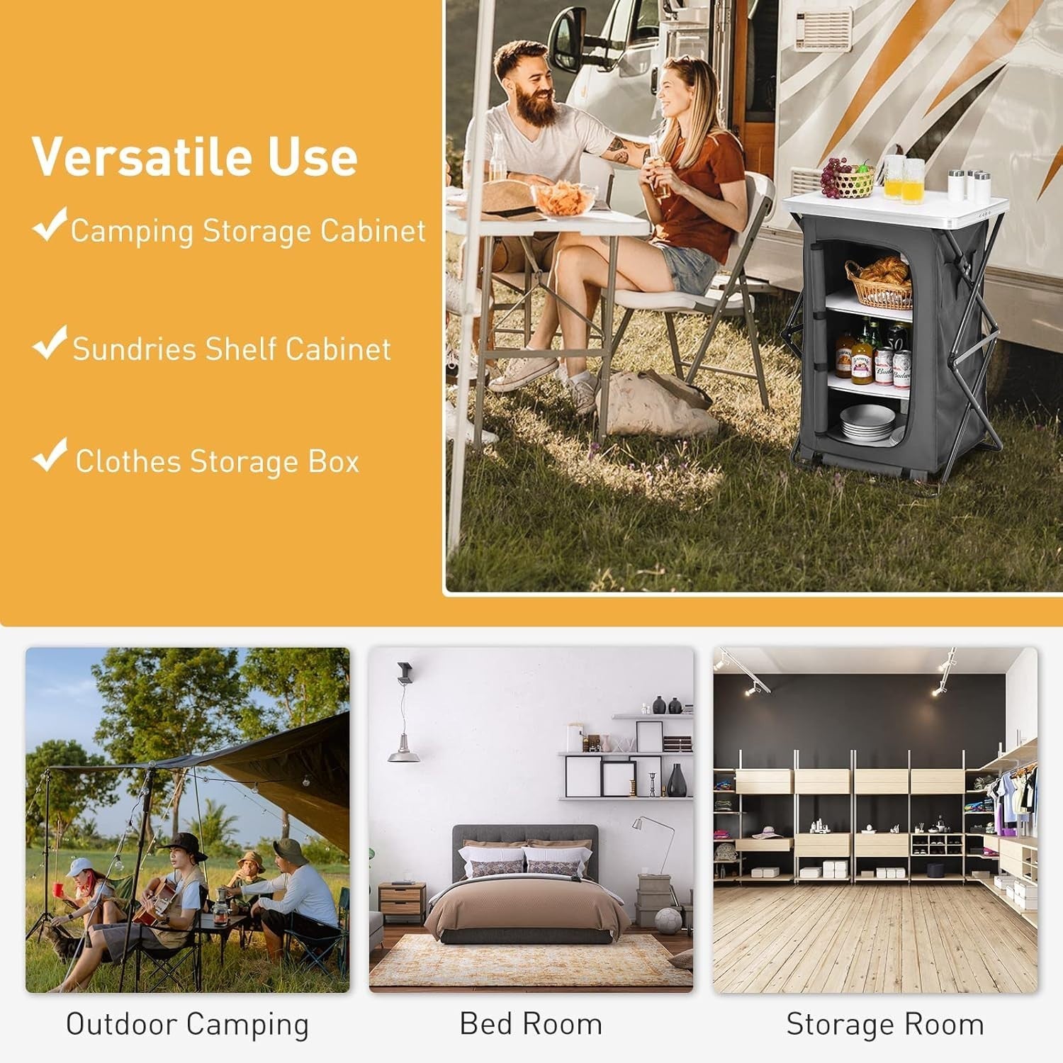 Portable Folding Camping Storage Cabinet with 3 Compartments & Side Pockets