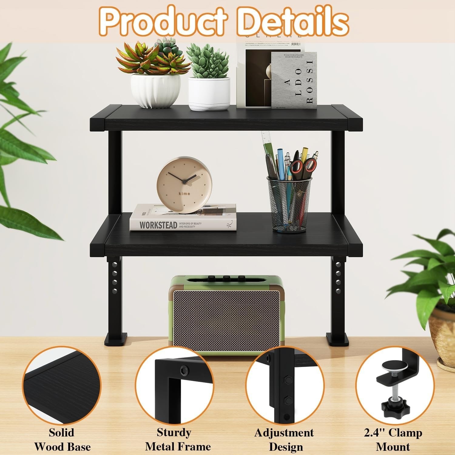 Clamp-On 2-Tier Adjustable Desk Shelf, 12.9" Storage Rack for Office