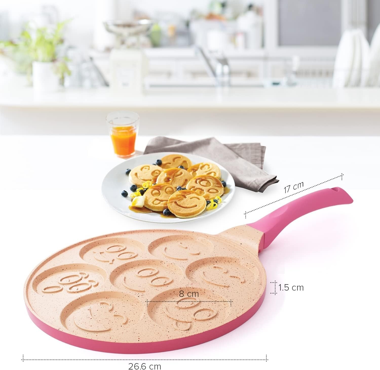 7-Hole Smiley Face Pancake Pan 26cm Pink | Non-Stick Induction Mini Pancake Make