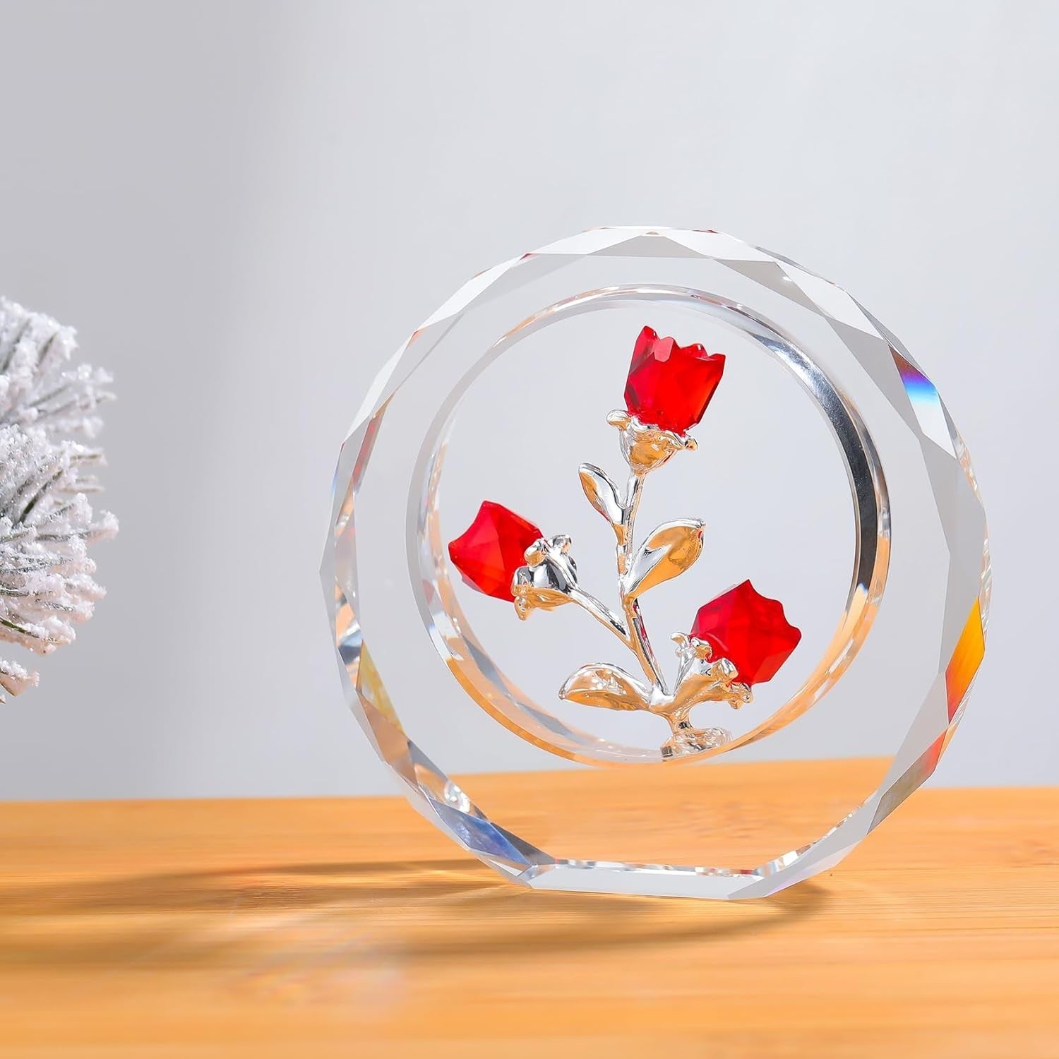 Red Crystal Rose Bouquet Ornament • Glass Flower Figurine Romantic Gift