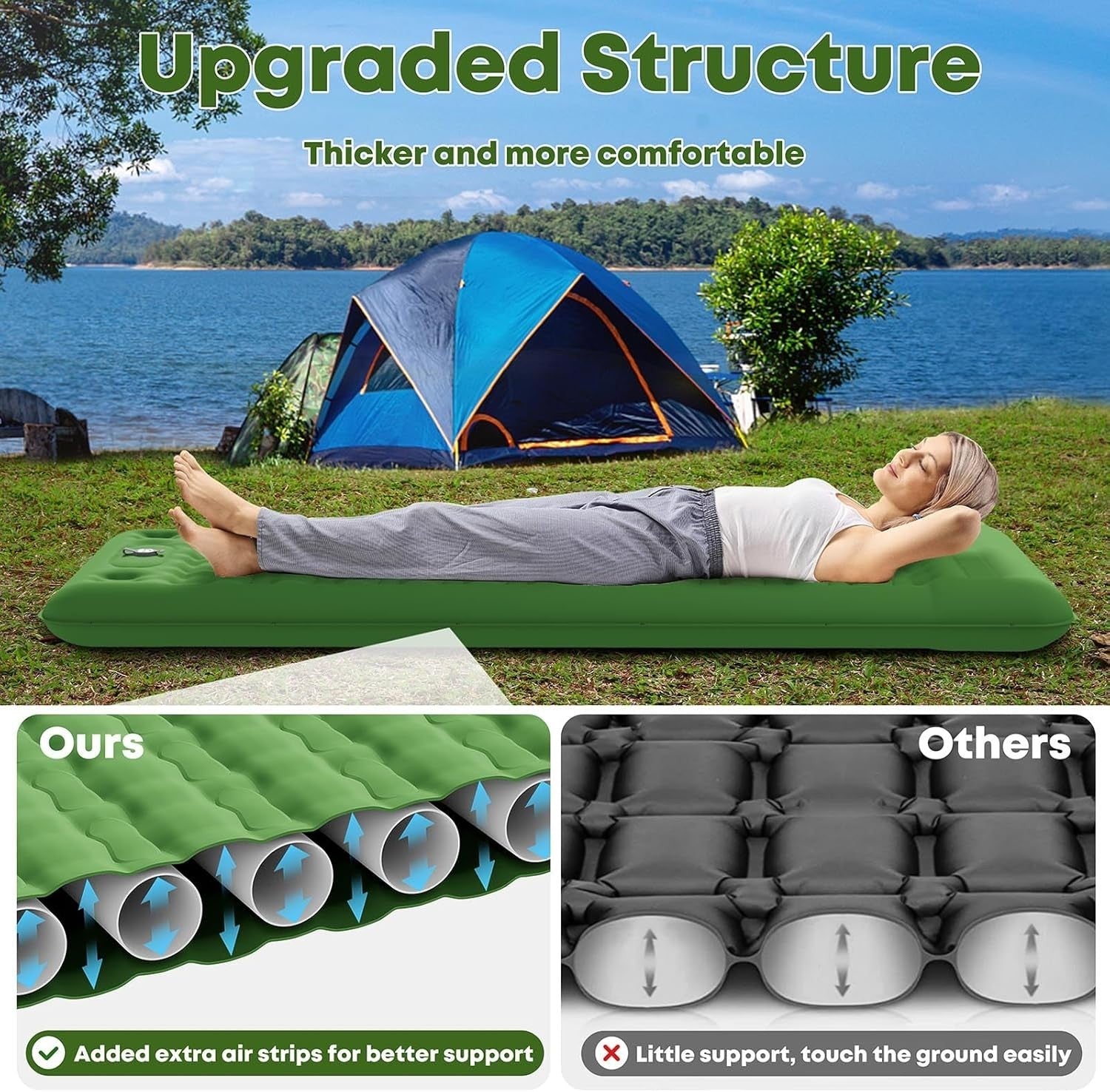Extra Thick Camping Air Mattress 12–15cm Built-In Foot Pump Pillow Pad Green2