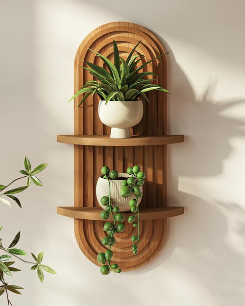 Boho 2-Tier Arched Wall Shelf 16.9" Wooden Floating Plant Decor