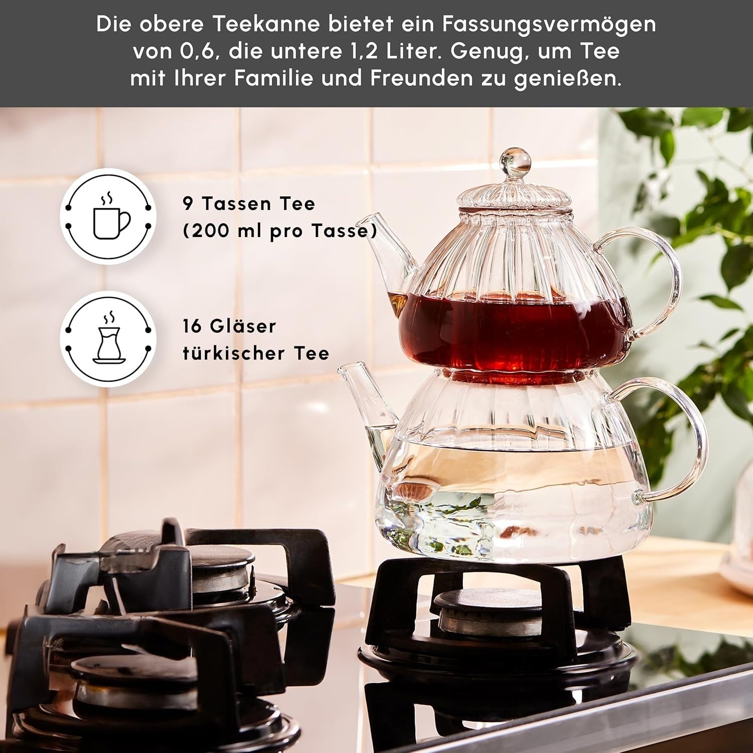 Glass Turkish Teapot Set 1.8L Tea Maker Infuser Loose Leaf Tea Pot