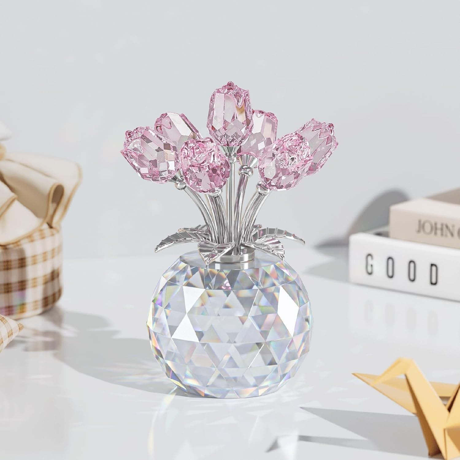 Pink Crystal Rose Bouquet Ornament in Round Vase Gift for Women Wife Birthday