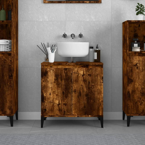 Smoked Oak Bathroom Sink Cabinet | Under Sink Storage Cupboard 58x33x60cm