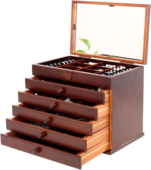 Large Wooden Jewelry Box with Lock 5 Drawer Velvet Organizer for Women