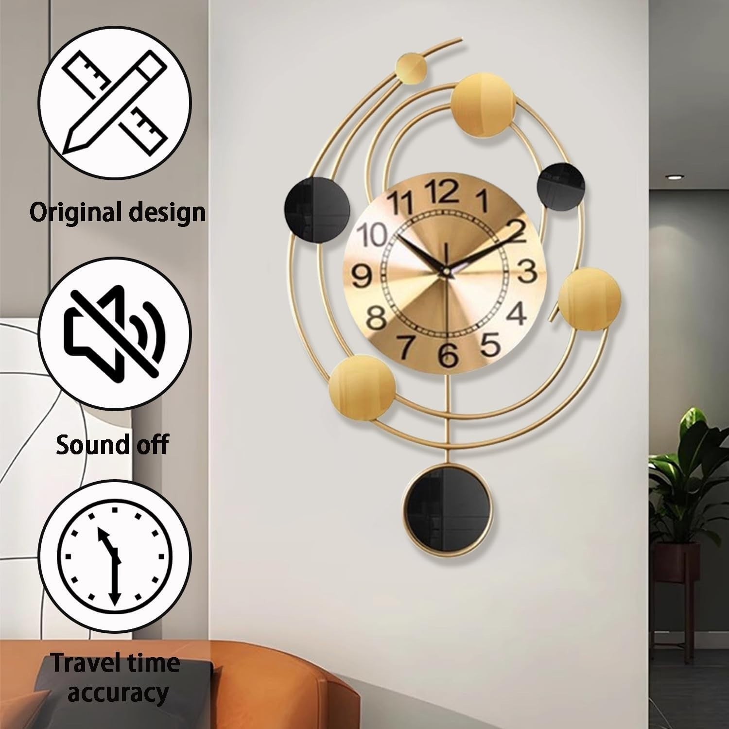 Large Gold Wall Clock Silent Non-Ticking Modern Art Deco 64cm Home