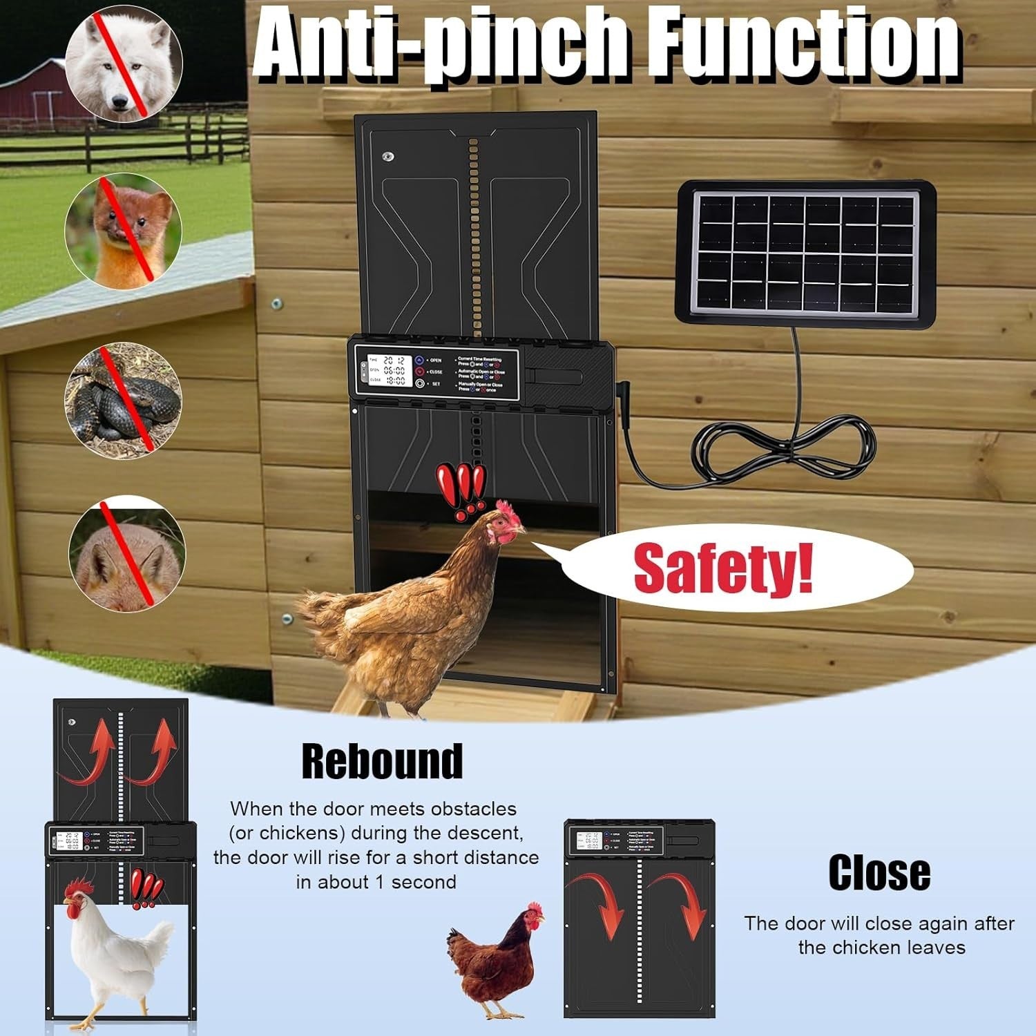 Automatic Solar Chicken Coop Door Opener Remote LCD Anti Pinch Waterproof