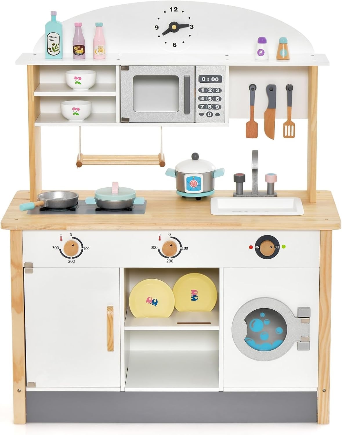 Wooden Kids Play Kitchen Microwave Washer Cooking Toy Set