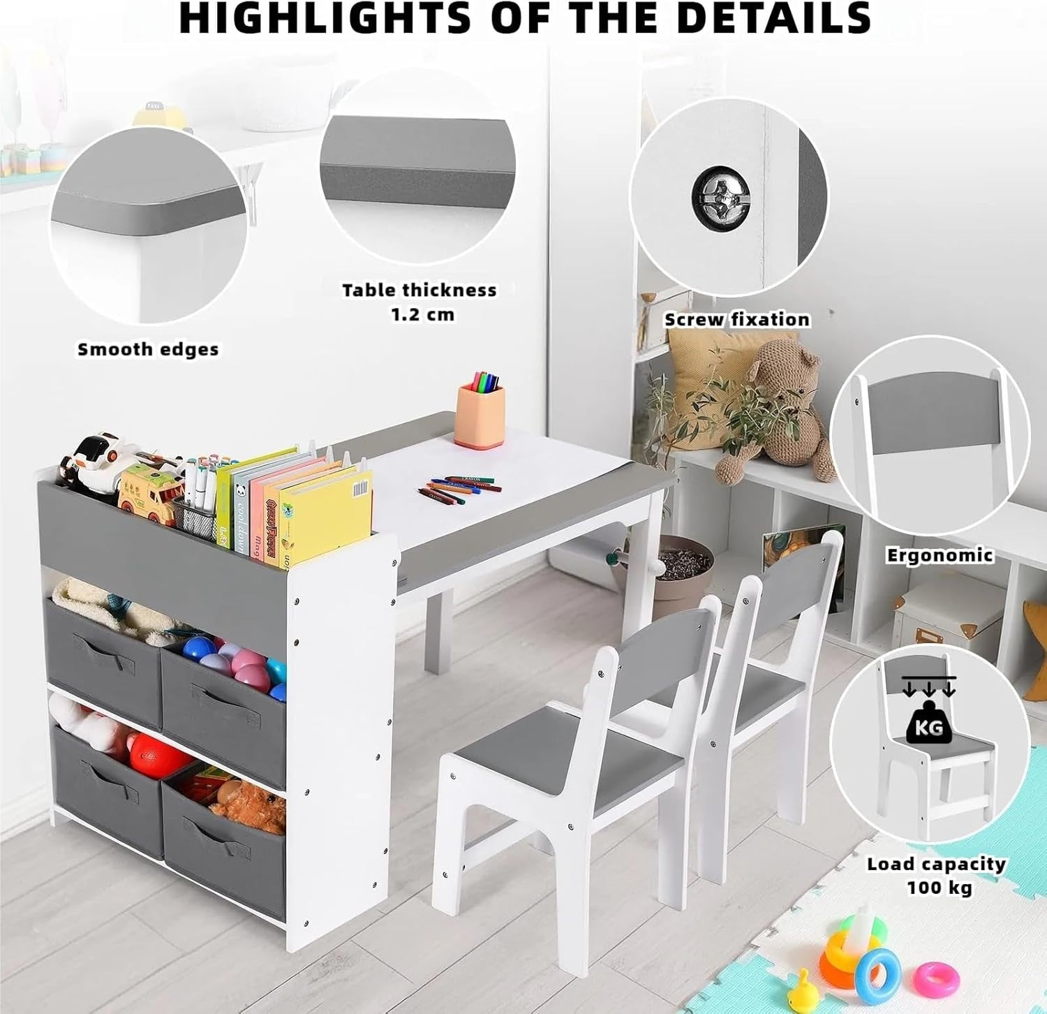 Kids Art Table & Chairs Set with Storage Boxes, Paper Roll Holder, Drawing Desk