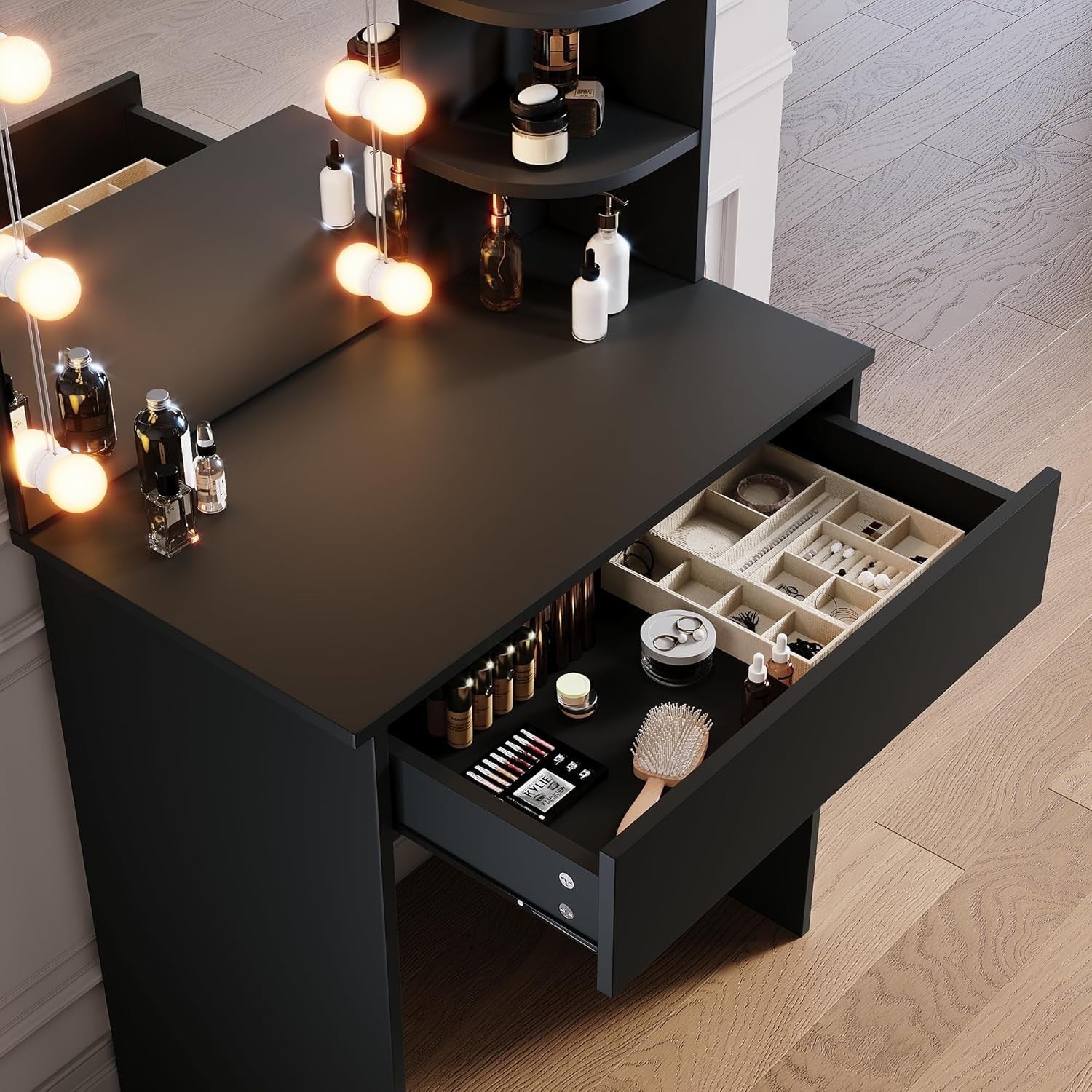 Hollywood Vanity Dressing Table Mirror Set Black Dresser Desk 1 Drawer 70x40x140