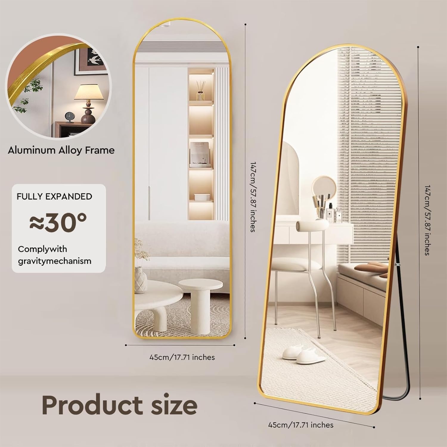 Gold Full-Length Floor Mirror 147x45cm with Dual Mounting & Stand