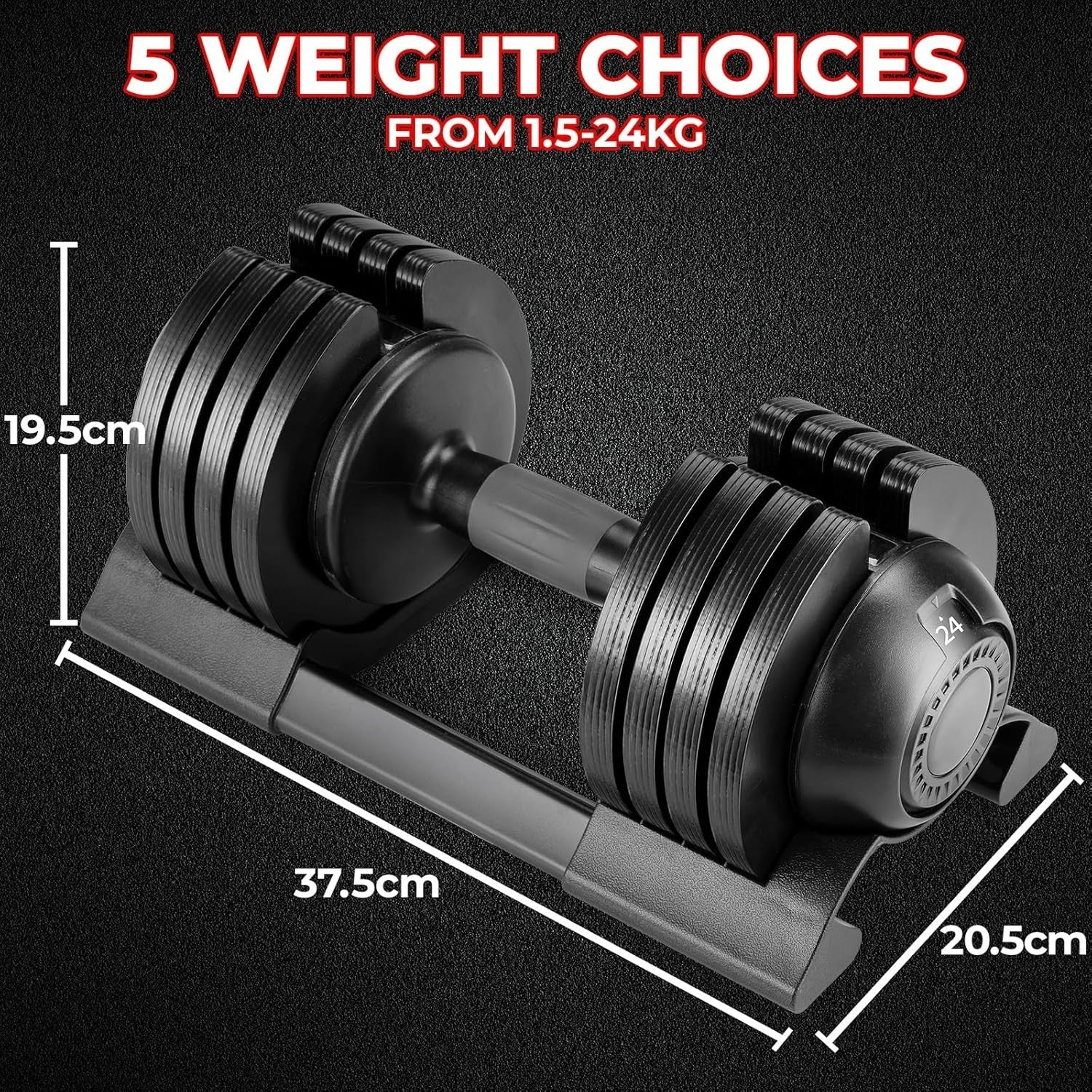 24kg Adjustable Dumbbell Single 5-in-1 Quick Change Non-Slip Home Gym