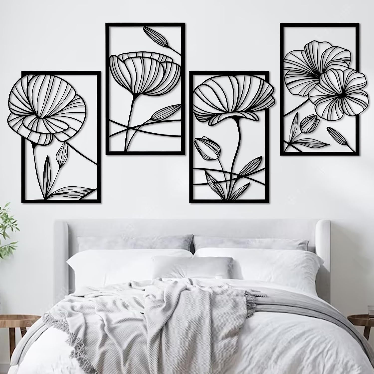 Black Metal Wall Art Set of 4 Lotus Flower 3D Line Sculptures Modern Decor