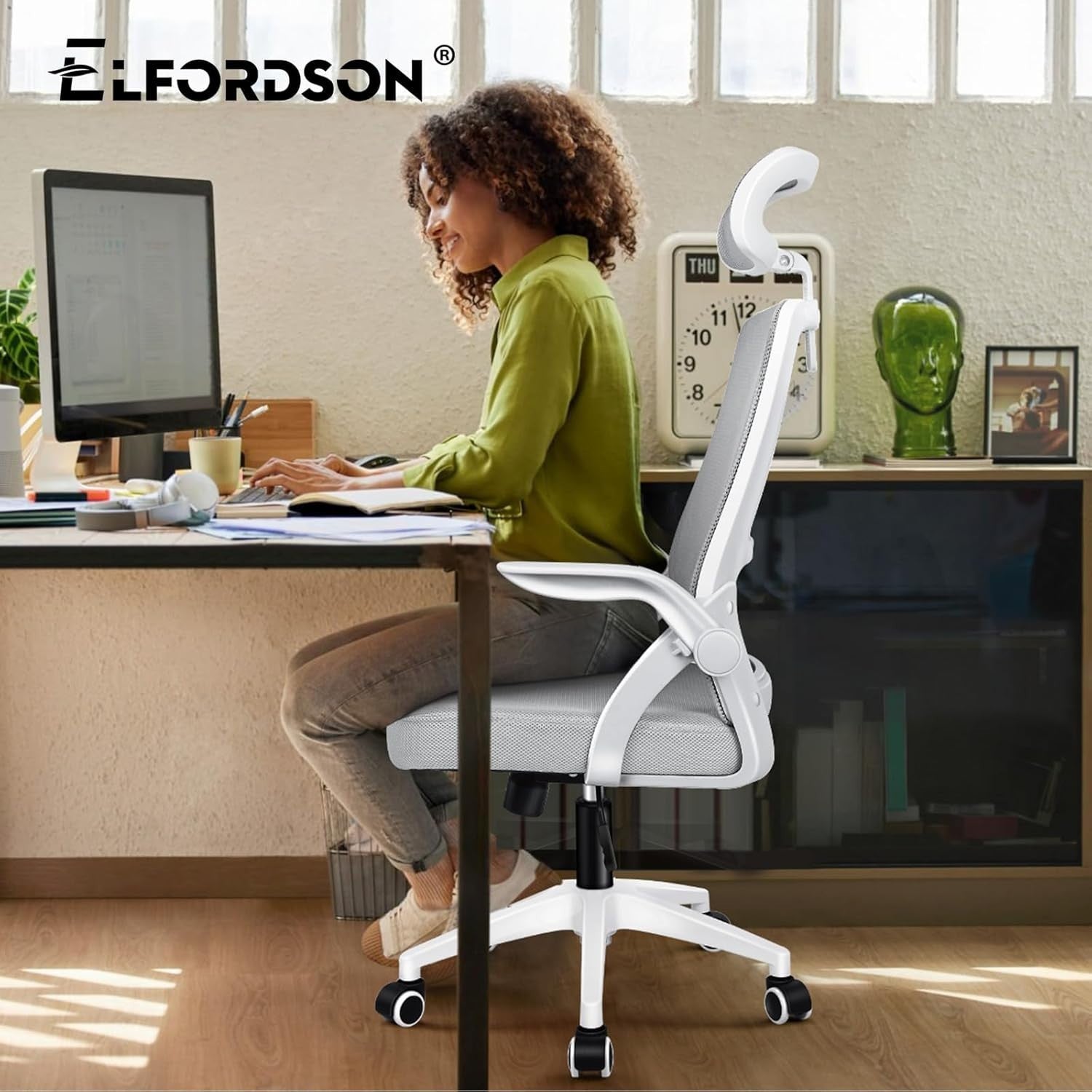 Ergonomic Mesh Office Chair, High Back Desk Chair, Flip Arm, Headrest, 180KG Max