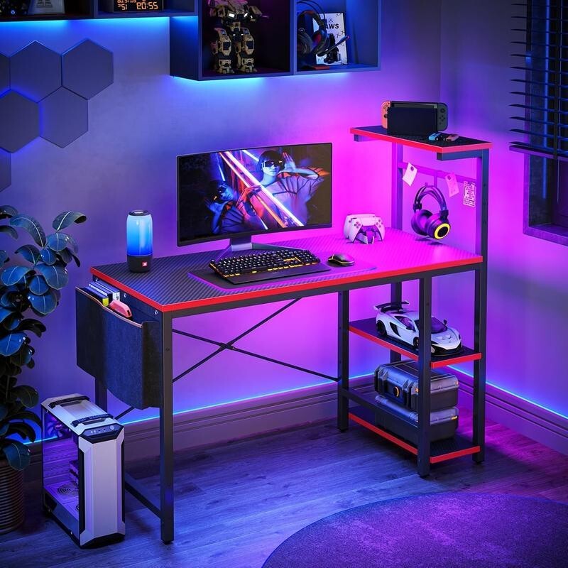Gaming Desk 113CM LED Lights Shelves Reversible PC Table with Storage Bag