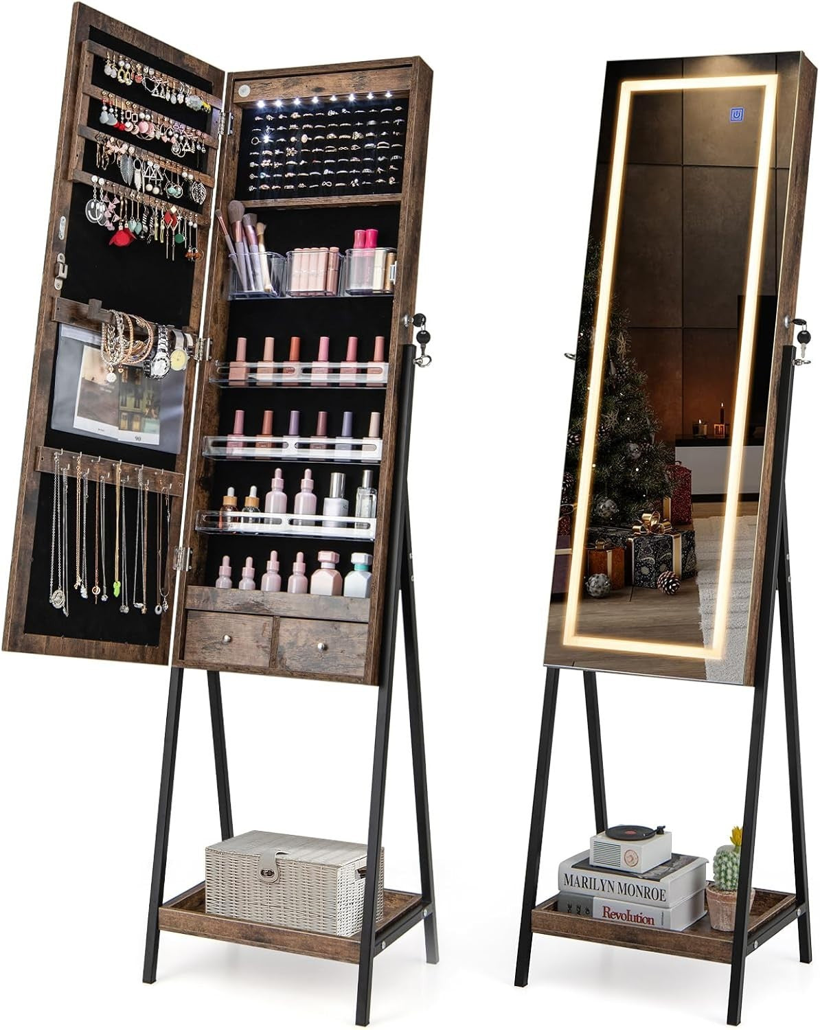 Rustic Brown LED Jewellery Cabinet Lockable Full Length Mirror Storage