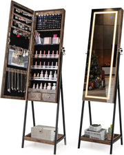 Rustic Brown LED Jewellery Cabinet Lockable Full Length Mirror Storage