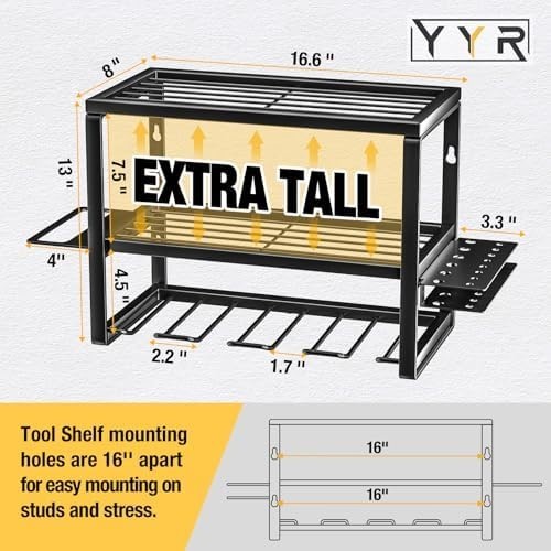 Heavy-Duty Wall Tool Rack 41.9x21x33cm 4-Slot Drill & Battery Organizer