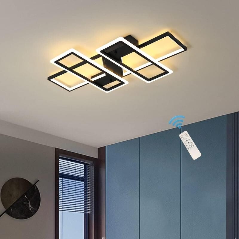 Modern LED Ceiling Light 80W Remote Black 4-Square Dimmable Flush Mount