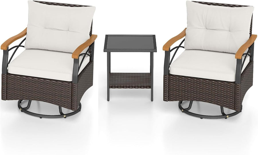 3PC Rattan Swivel Rocking Chairs Bistro Set Patio Garden Table Cushions