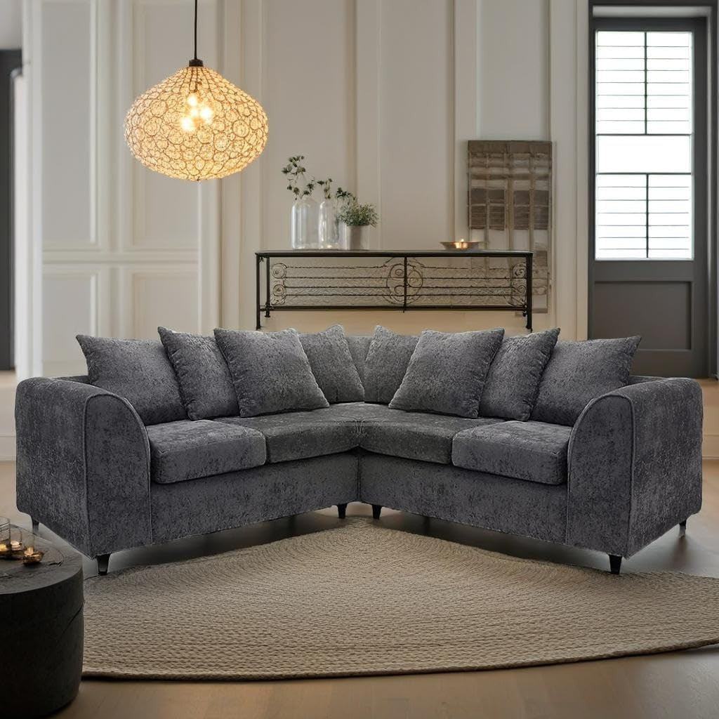 2C2 Grey Chenille Corner Sofa – Large 5 Seater L-Shape Settee with Scatter Cushi