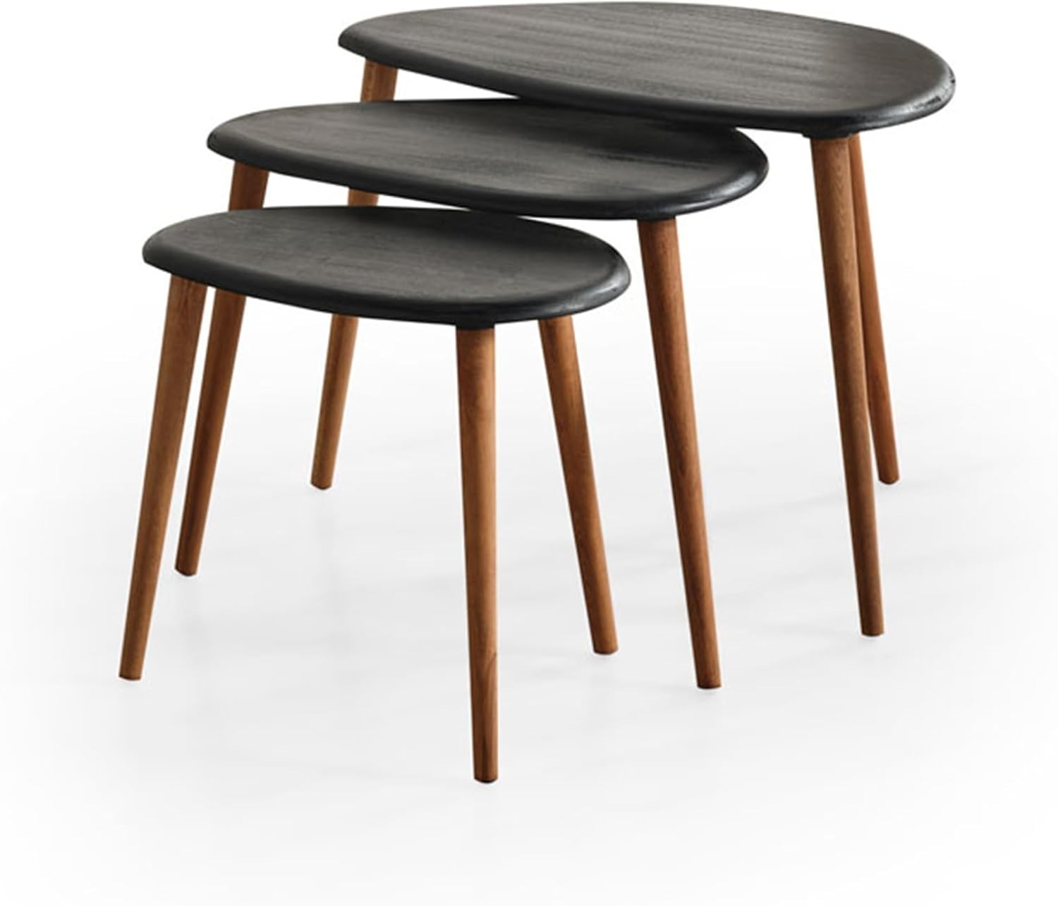 Black Wood Oval Nesting Coffee Side End Table Set of 3 Mid-Century Modern