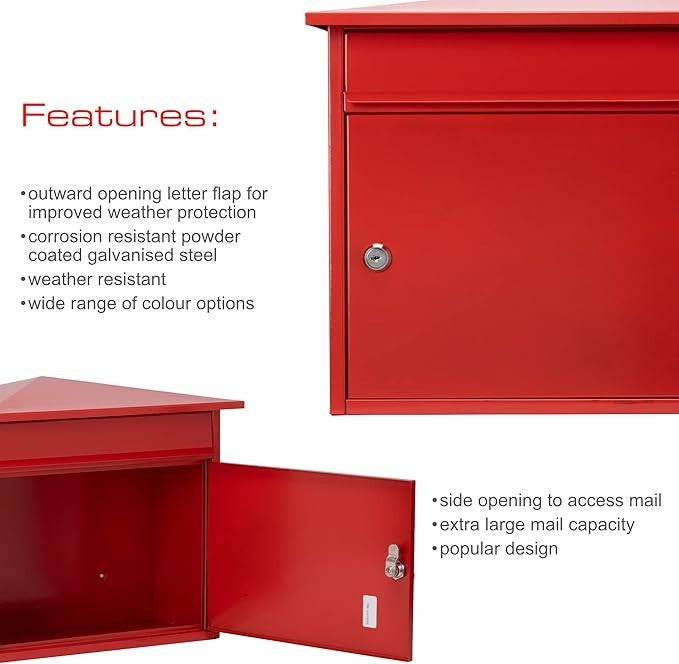 Large Wall Mounted Steel Post Box – Lockable, Weatherproof, A4 Slot, Red Finish